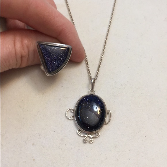 Blue goldstone necklace and 925 sterling silver ring - Picture 2 of 7